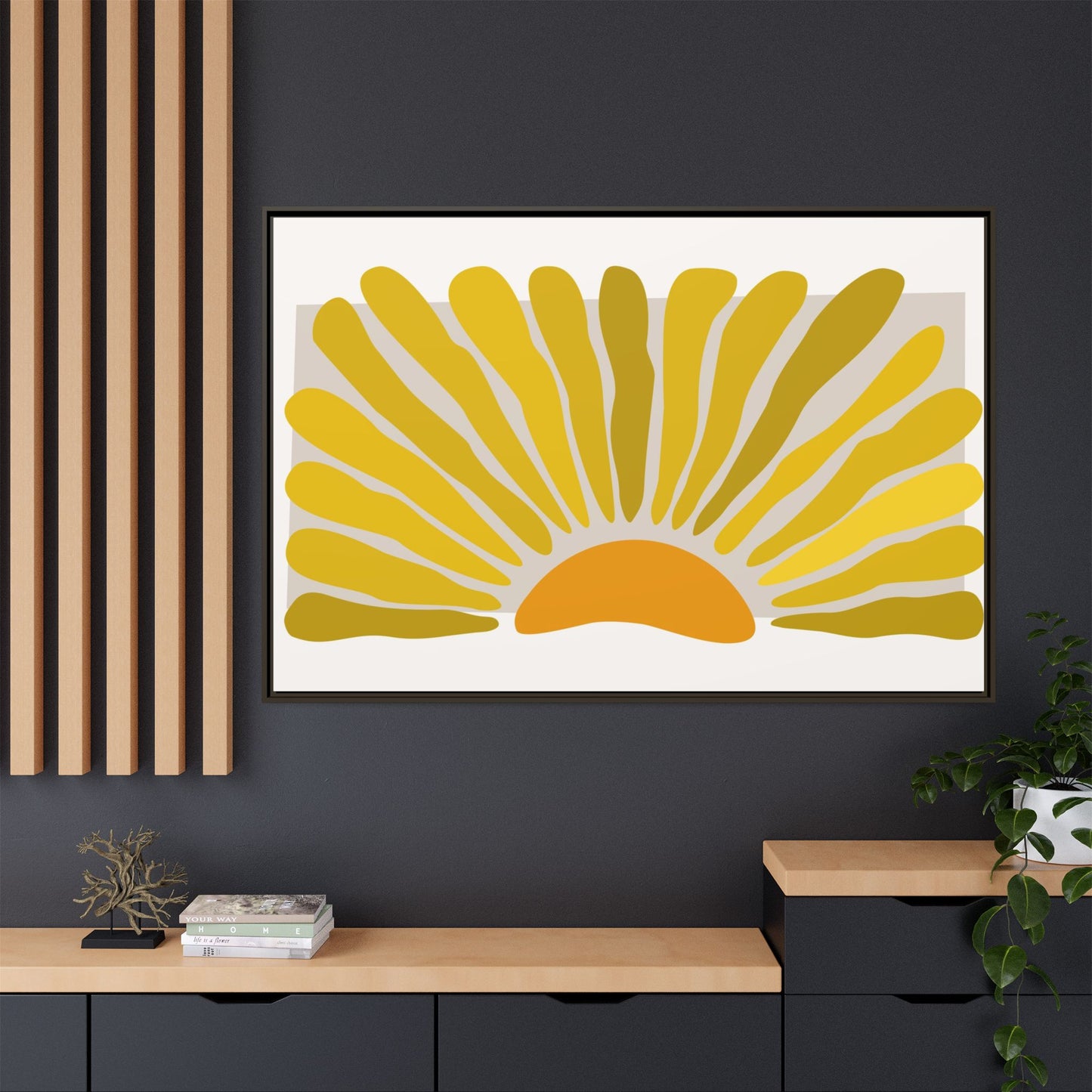 Framed Matte Canvas Wall Art, Sunny Abstract Print, Bright Home Decor, Gift for Art Lovers, Retro Style Decoration, Happy Wall Accent