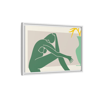 Framed Matte Canvas Art - Minimalist Woman with Green Vase, Boho Home Decor, Stylish Wall Art, Modern Aesthetic, Unique Gift Idea