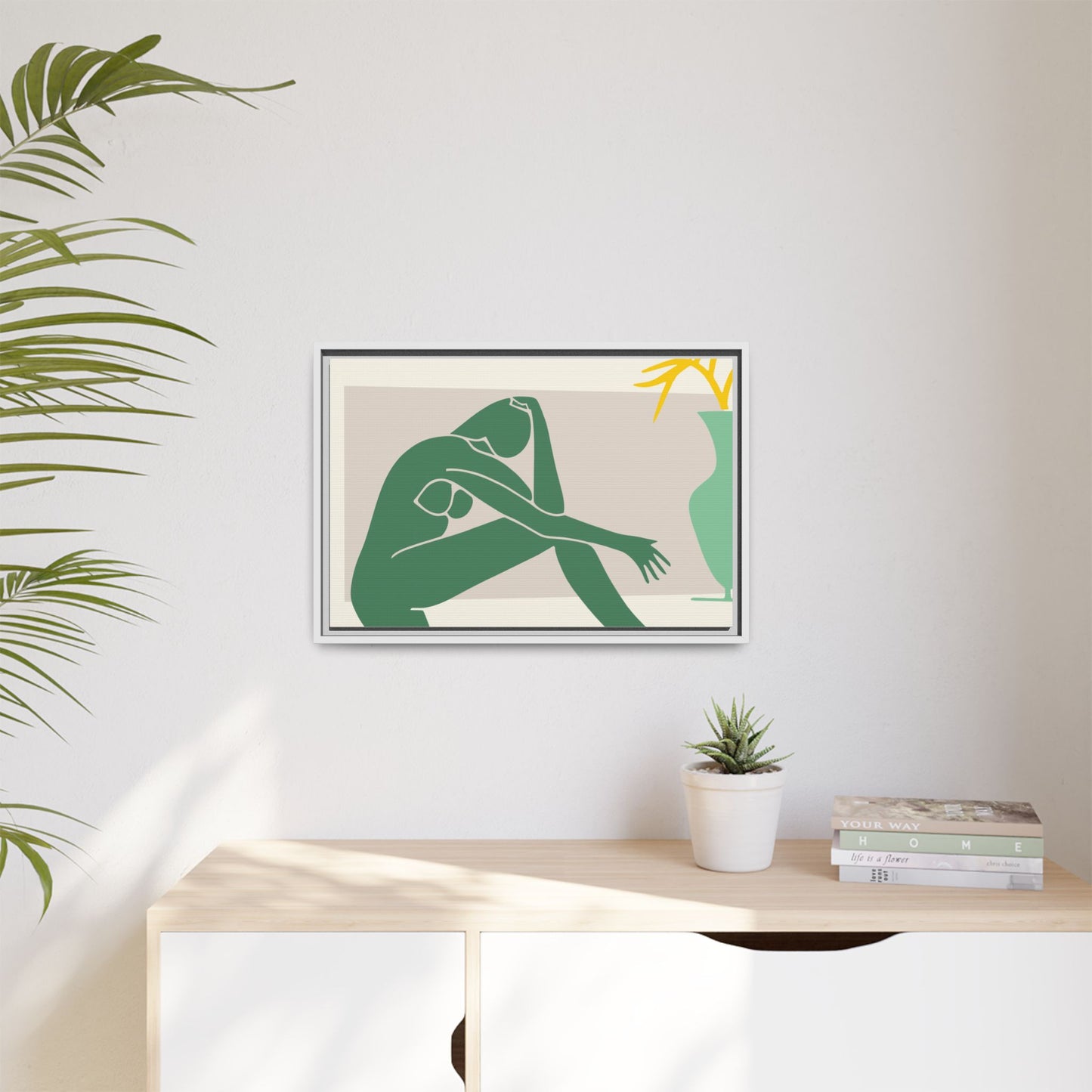 Framed Matte Canvas Art - Minimalist Woman with Green Vase, Boho Home Decor, Stylish Wall Art, Modern Aesthetic, Unique Gift Idea
