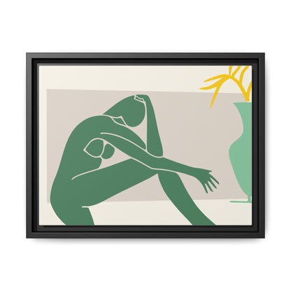 Framed Matte Canvas Art - Minimalist Woman with Green Vase, Boho Home Decor, Stylish Wall Art, Modern Aesthetic, Unique Gift Idea