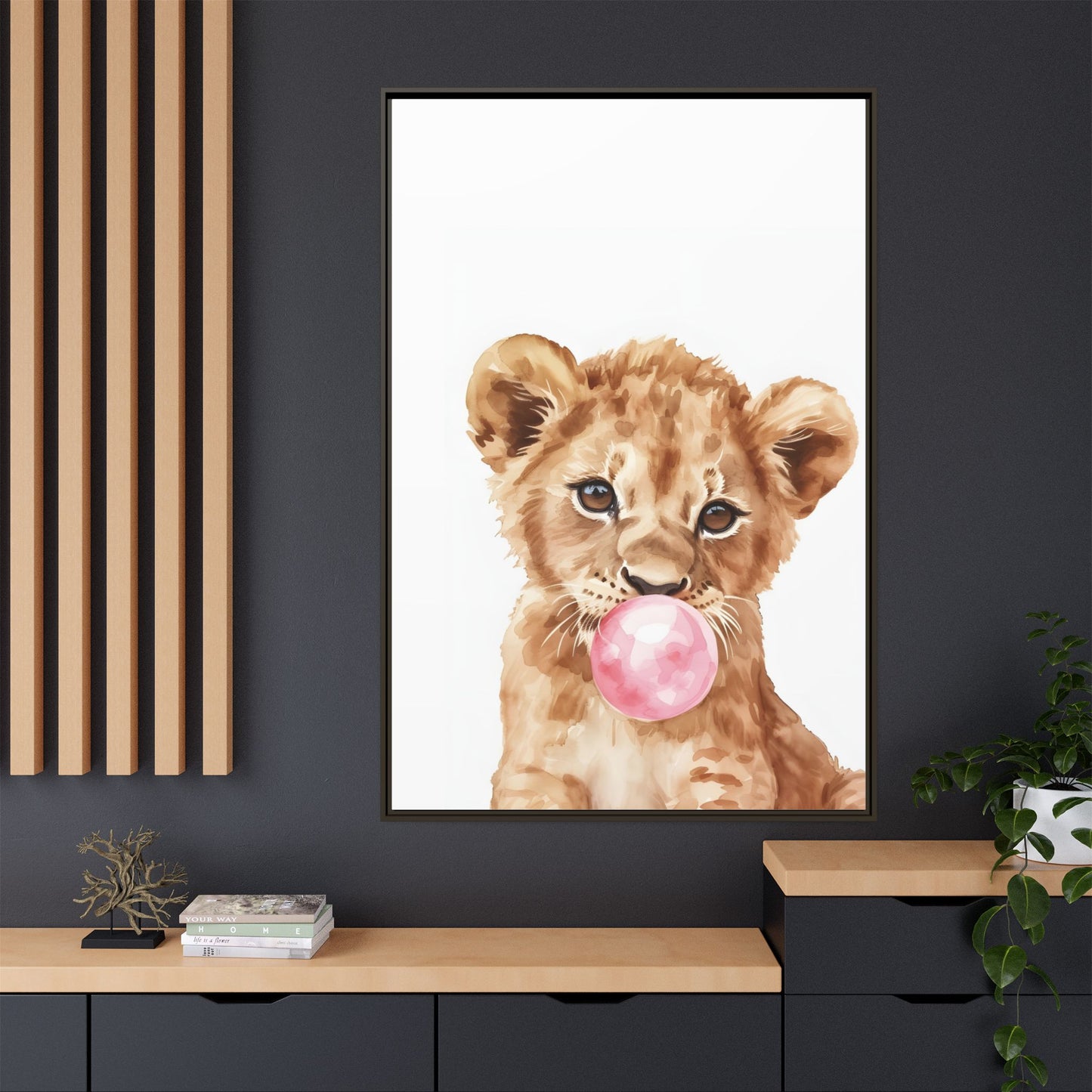 Adorable Lion Cub Canvas Art, Cute Nursery Decor, Framed Wall Art, Baby Shower Gift, Kids Room Decoration, Wild Animal Print