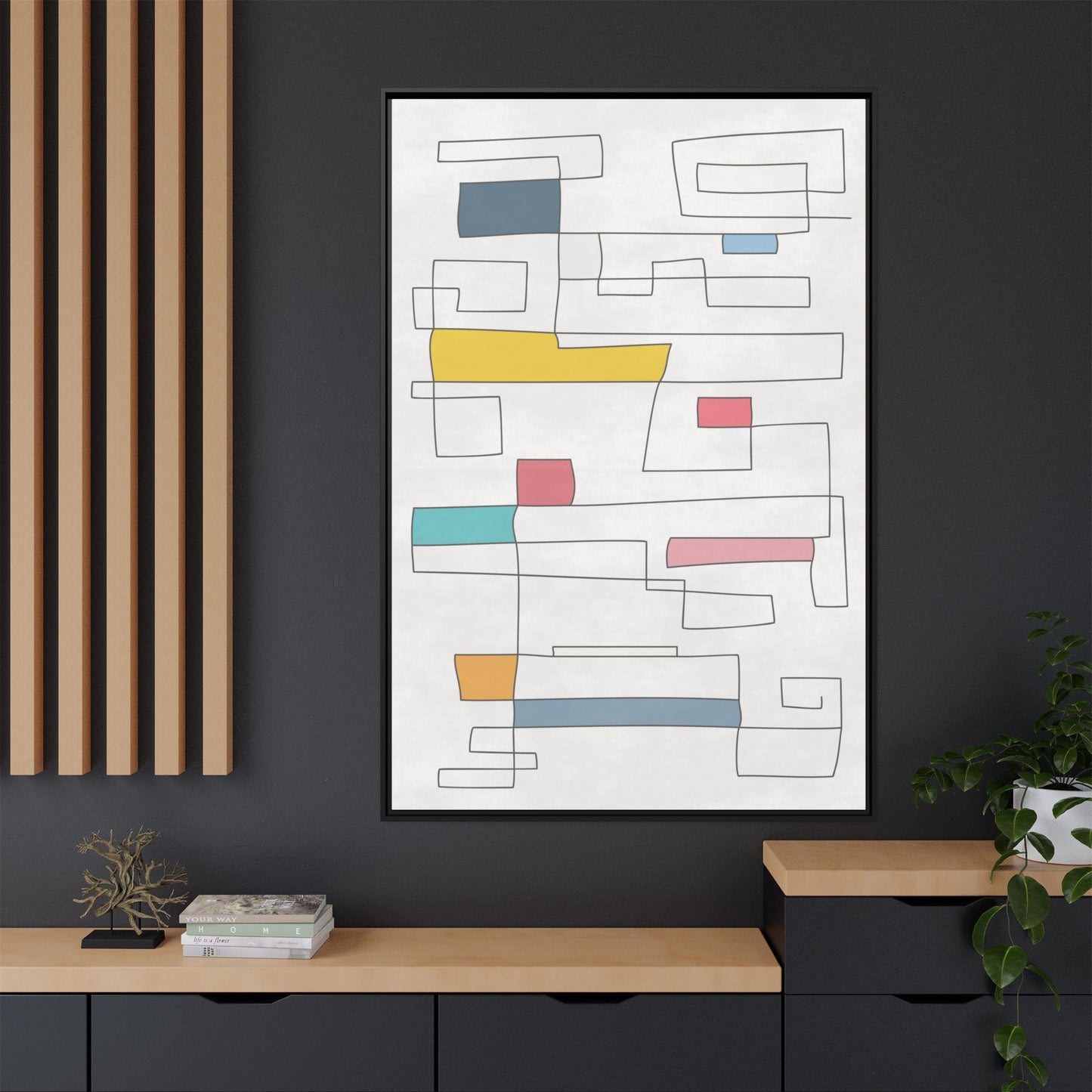 Abstract Line Art Framed Canvas - Modern Multi-Color Wall Decor