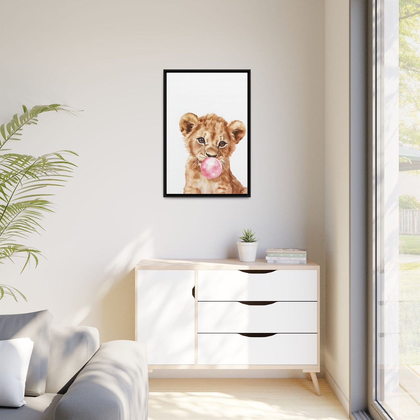 Adorable Lion Cub Canvas Art, Cute Nursery Decor, Framed Wall Art, Baby Shower Gift, Kids Room Decoration, Wild Animal Print
