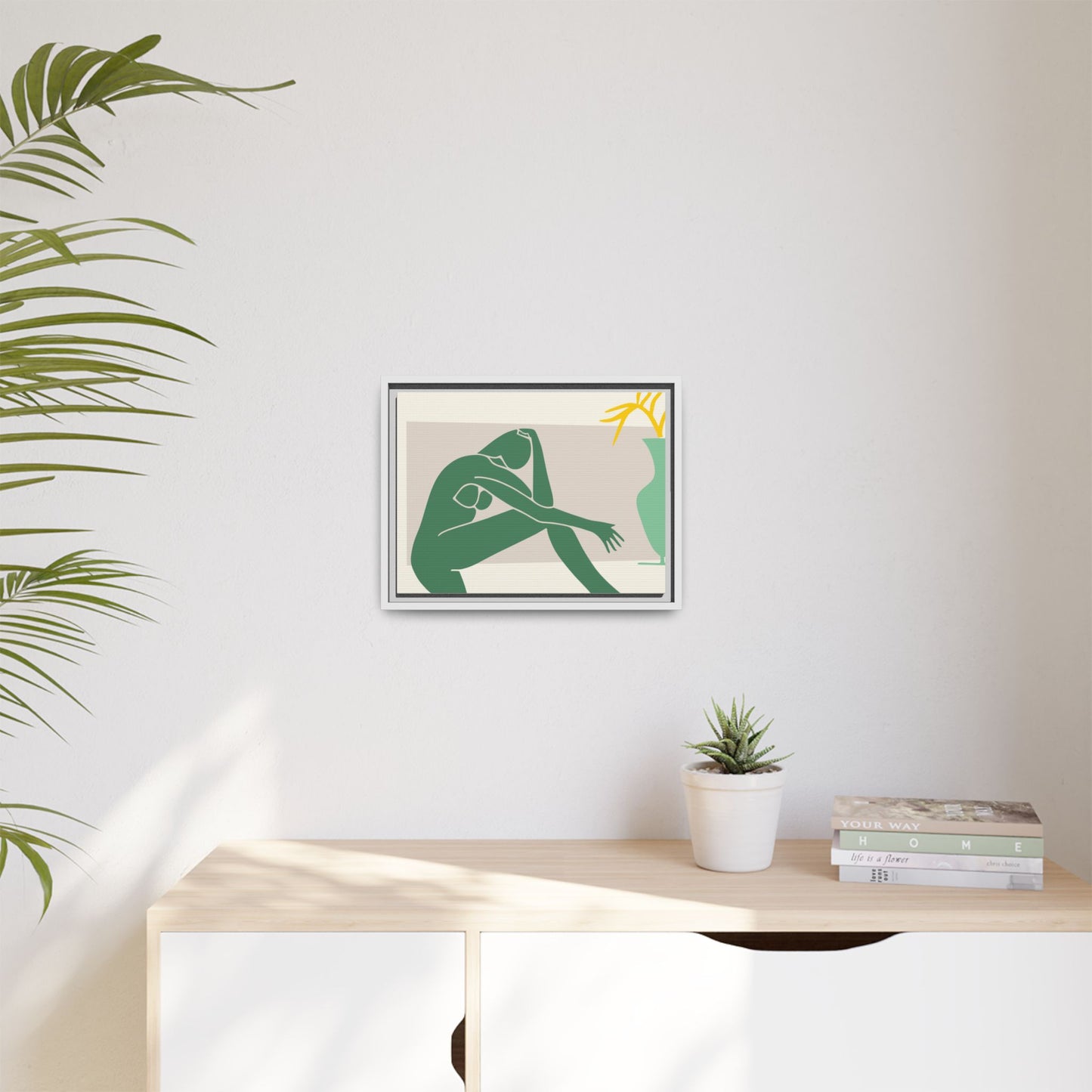 Framed Matte Canvas Art - Minimalist Woman with Green Vase, Boho Home Decor, Stylish Wall Art, Modern Aesthetic, Unique Gift Idea