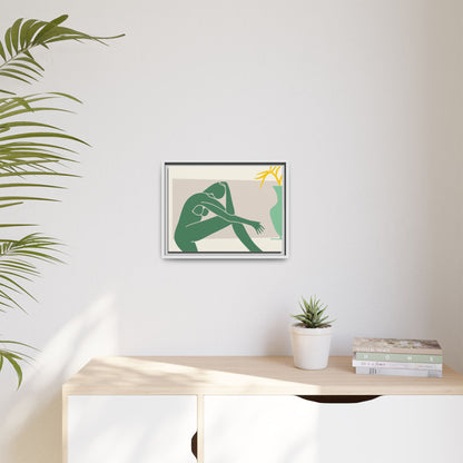 Framed Matte Canvas Art - Minimalist Woman with Green Vase, Boho Home Decor, Stylish Wall Art, Modern Aesthetic, Unique Gift Idea