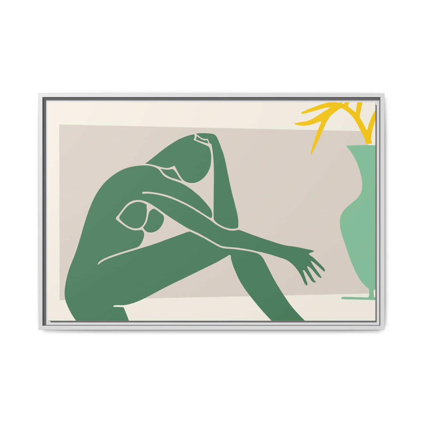 Framed Matte Canvas Art - Minimalist Woman with Green Vase, Boho Home Decor, Stylish Wall Art, Modern Aesthetic, Unique Gift Idea