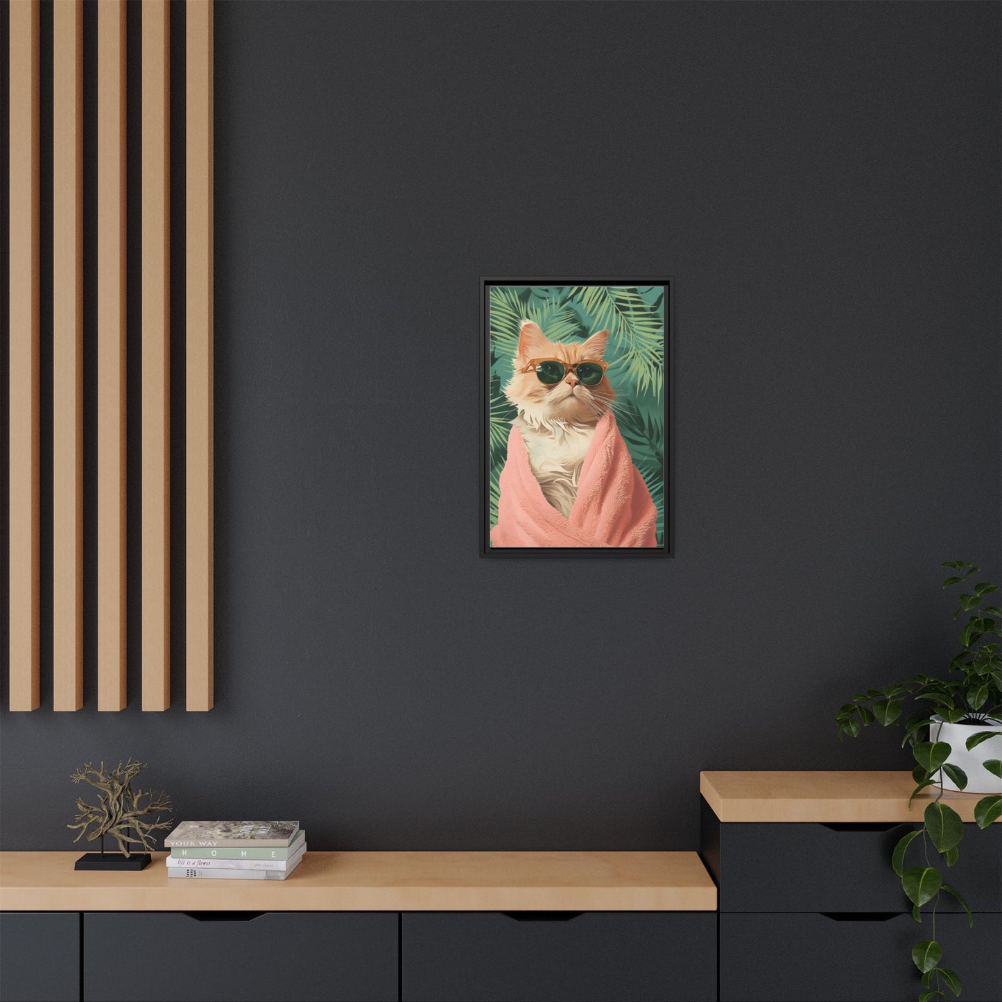 Framed Cat Art Print, Cool Cat Wall Decor, Tropical Vibe Home Decor, Fun Pet Lover Gift, Cute Animal Wall Art