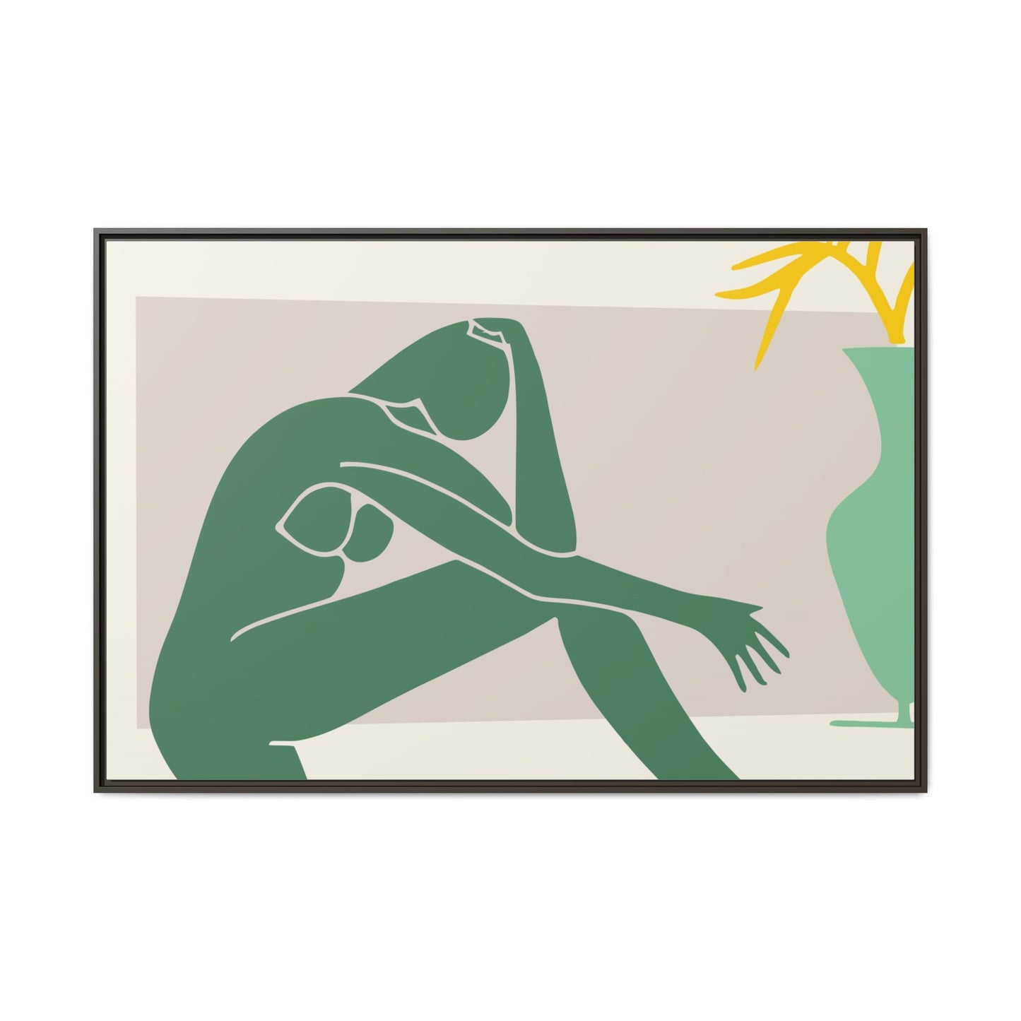 Framed Matte Canvas Art - Minimalist Woman with Green Vase, Boho Home Decor, Stylish Wall Art, Modern Aesthetic, Unique Gift Idea