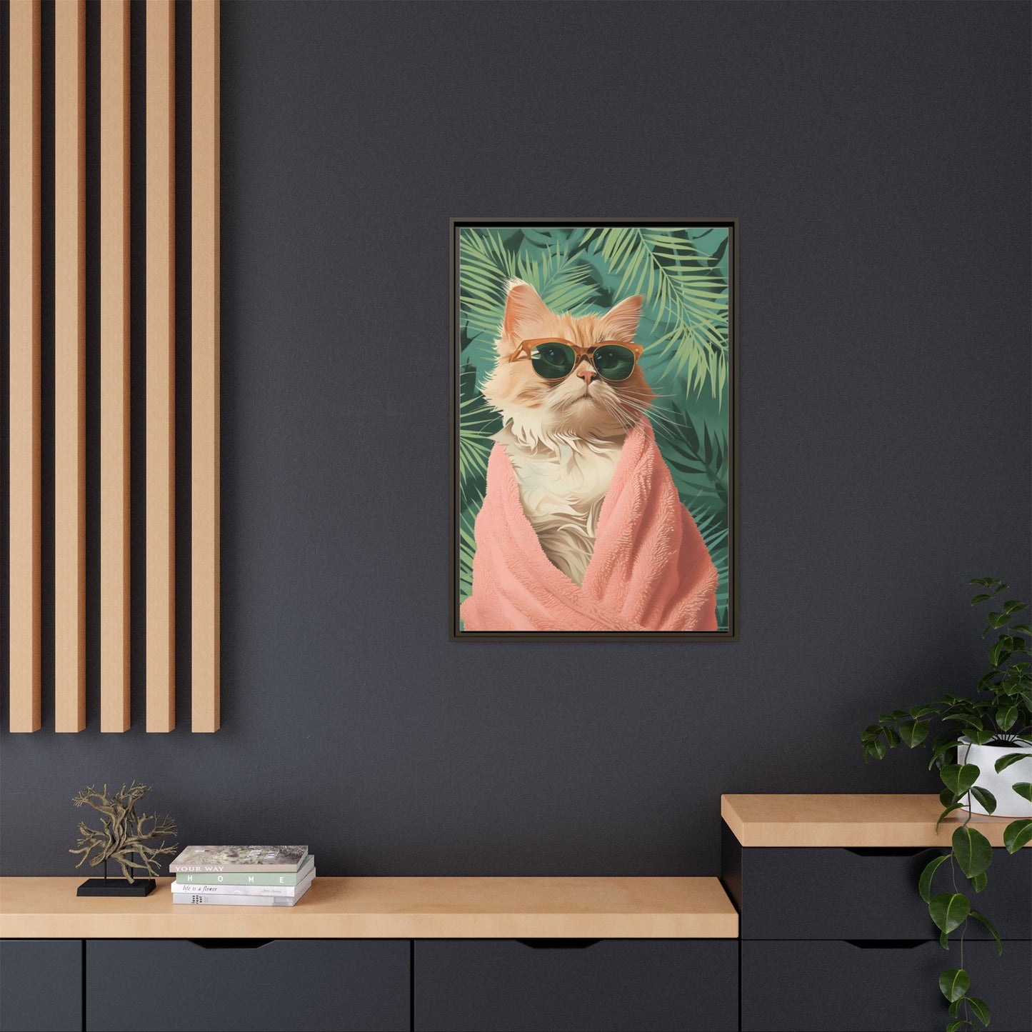 Framed Cat Art Print, Cool Cat Wall Decor, Tropical Vibe Home Decor, Fun Pet Lover Gift, Cute Animal Wall Art