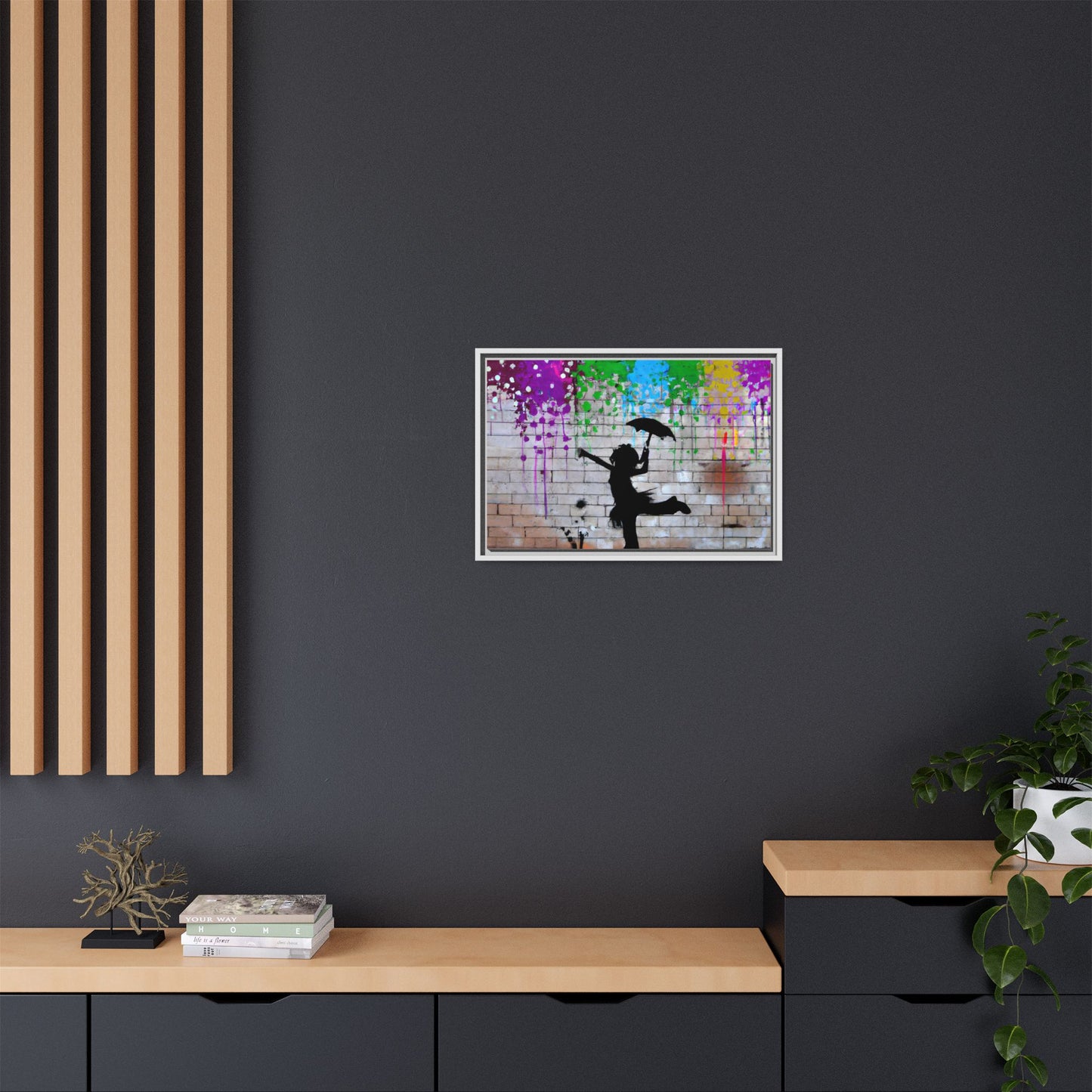 Framed Multi-Color Canvas Art - Playful Umbrella Dance