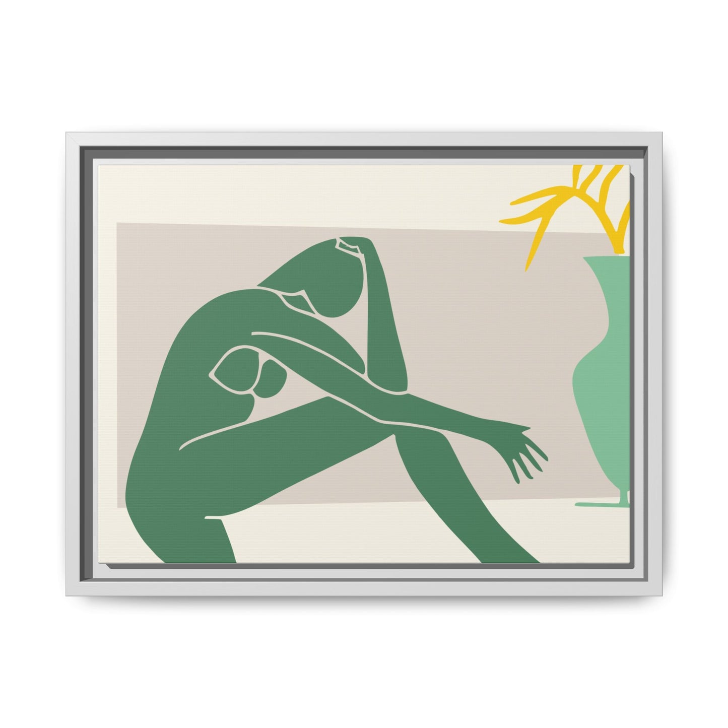 Framed Matte Canvas Art - Minimalist Woman with Green Vase, Boho Home Decor, Stylish Wall Art, Modern Aesthetic, Unique Gift Idea