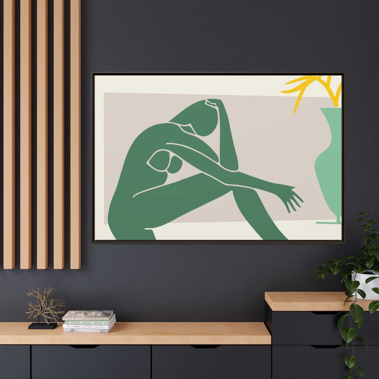 Framed Matte Canvas Art - Minimalist Woman with Green Vase, Boho Home Decor, Stylish Wall Art, Modern Aesthetic, Unique Gift Idea